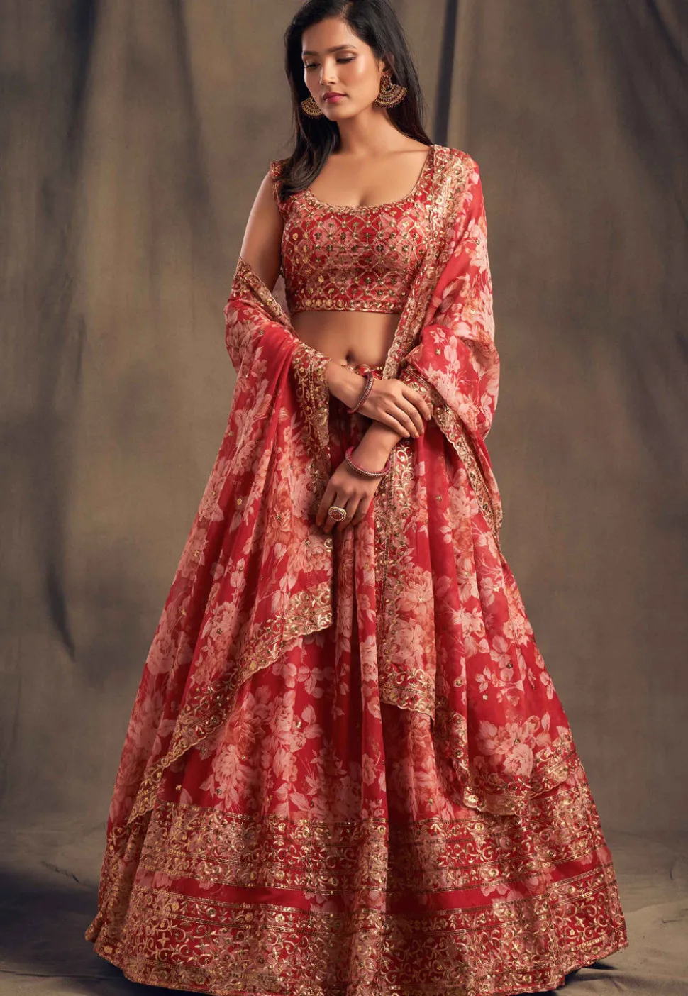 Digital Printed Organza Silk Lehenga in Red