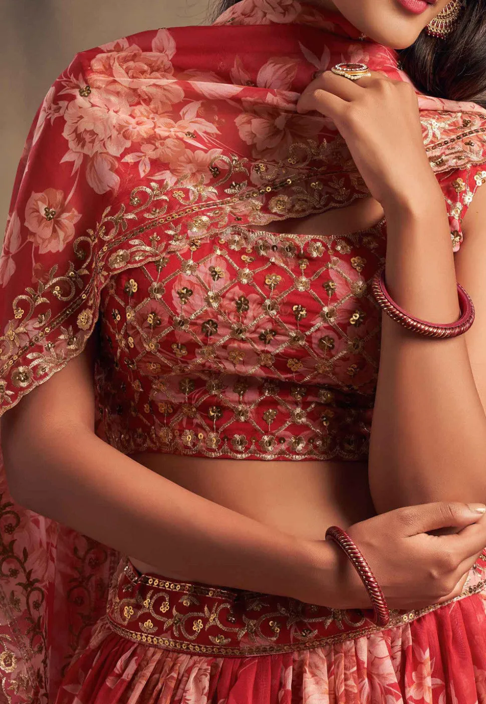 Digital Printed Organza Silk Lehenga in Red
