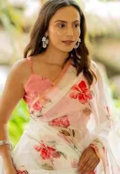 Digital Printed Organza Saree in Off White