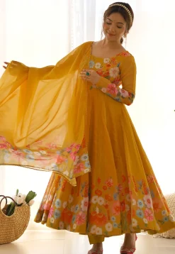 Digital Printed Organza Silk Anarkali Suit in Mustard