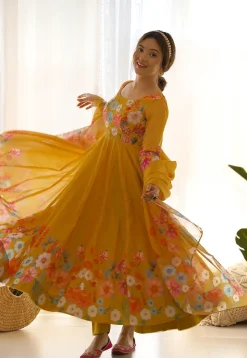 Digital Printed Organza Silk Anarkali Suit in Mustard