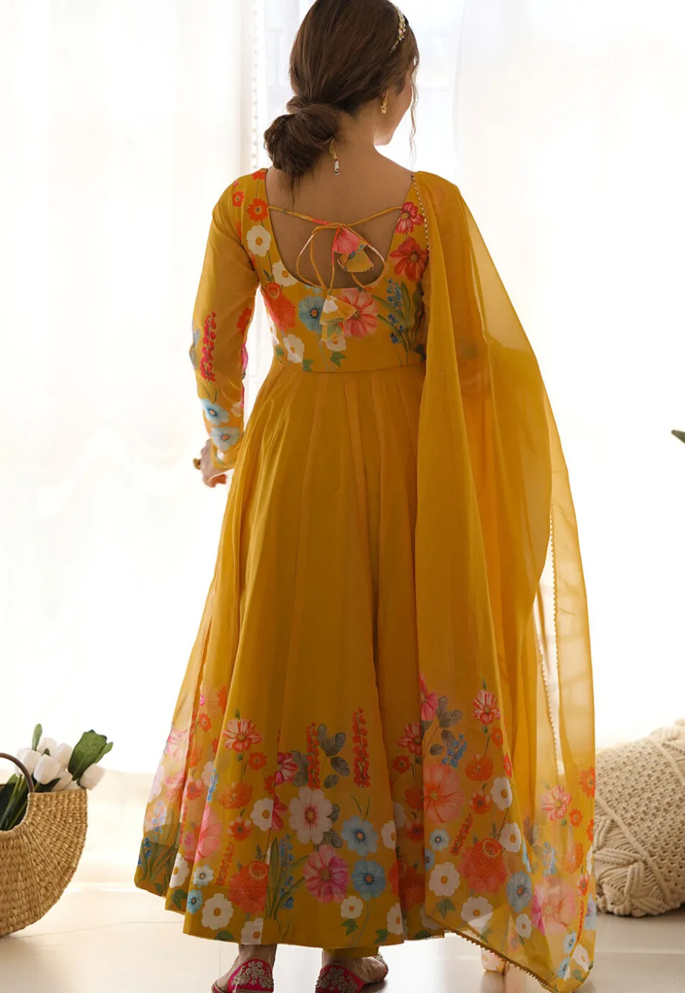 Digital Printed Organza Silk Anarkali Suit in Mustard