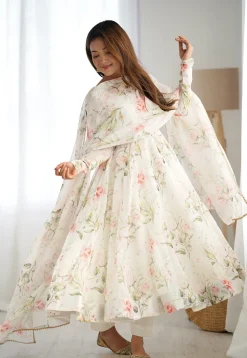 Digital Printed Organza Silk Abaya Style Suit in Cream