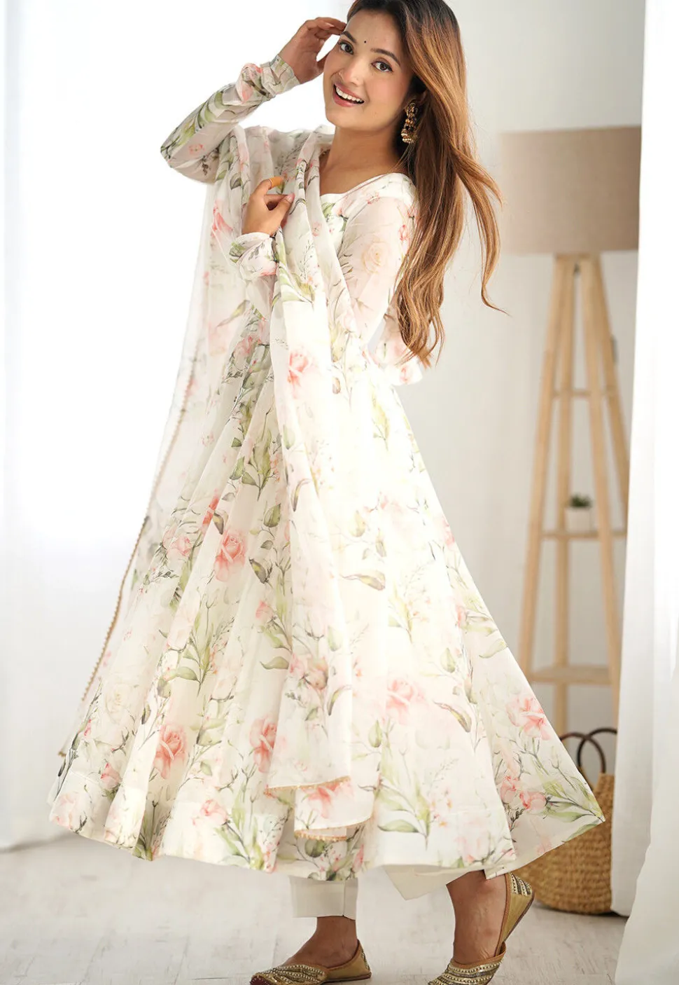 Digital Printed Organza Silk Abaya Style Suit in Cream