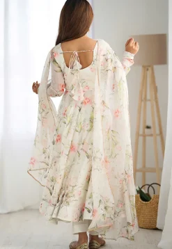 Digital Printed Organza Silk Abaya Style Suit in Cream