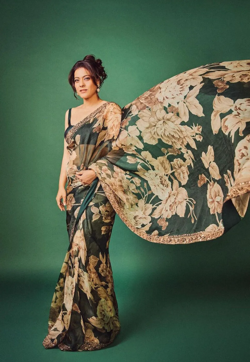 Digital Printed Organza Saree in Dark Green