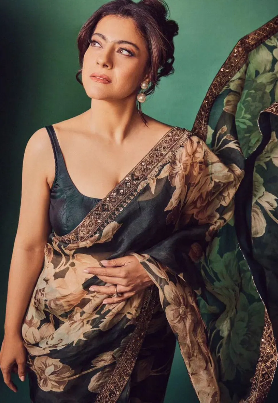 Digital Printed Organza Saree in Dark Green