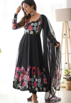 Digital Printed Organza Silk Anarkali Suit in Black