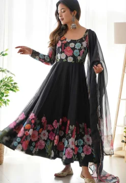 Digital Printed Organza Silk Anarkali Suit in Black
