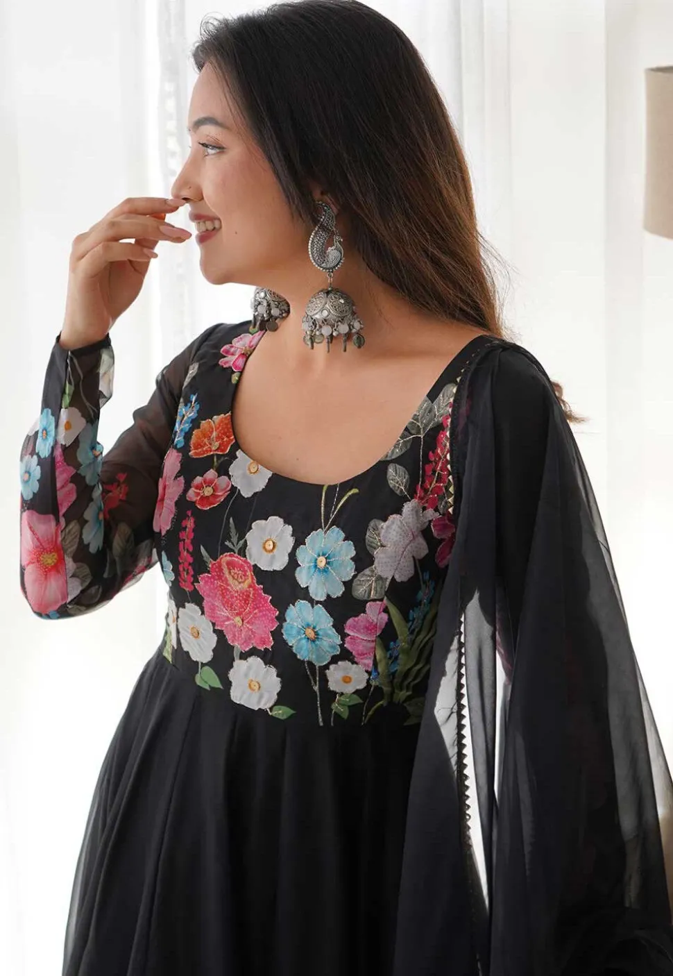 Digital Printed Organza Silk Anarkali Suit in Black