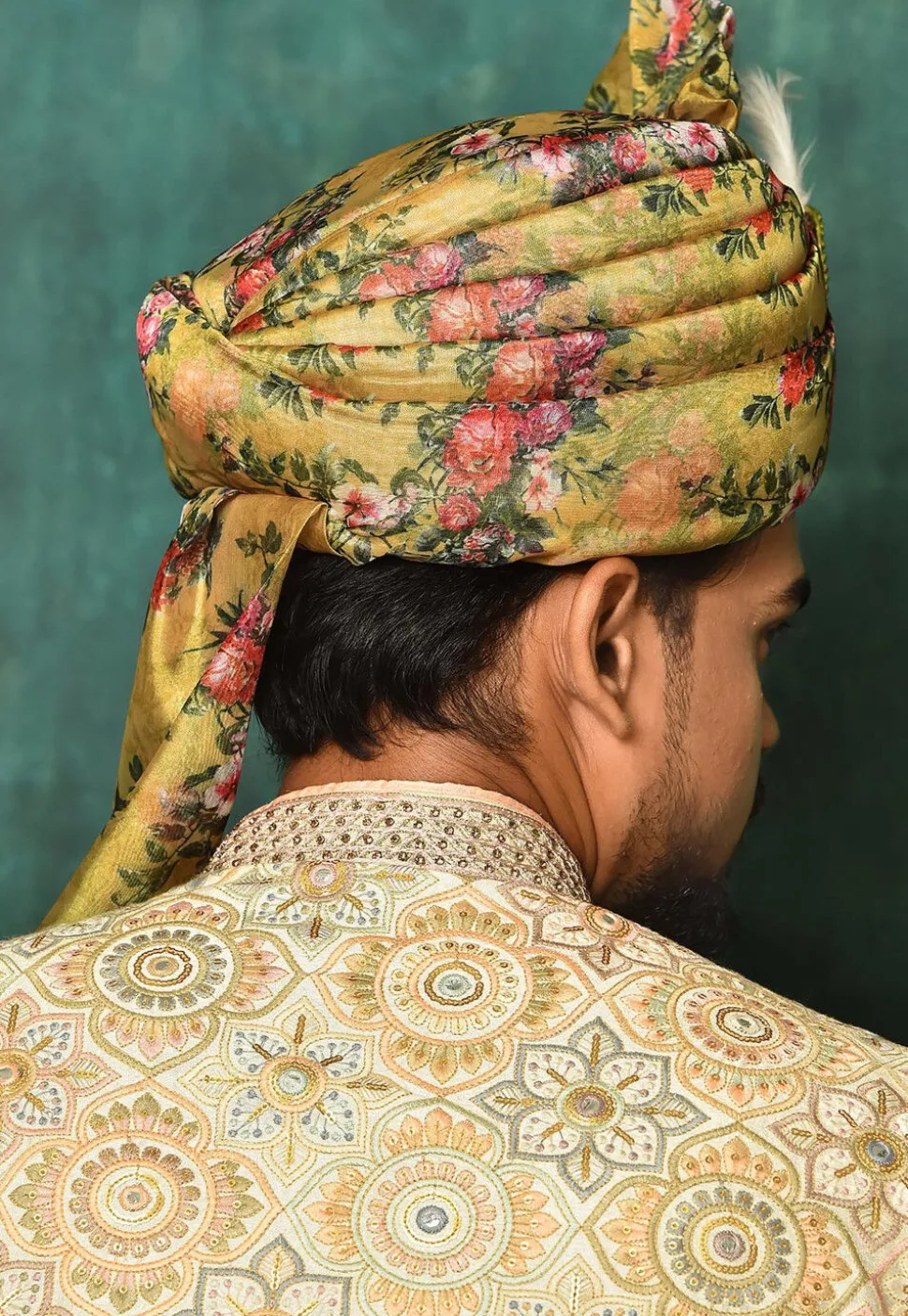 Digital Printed Organza Turban in Mustard