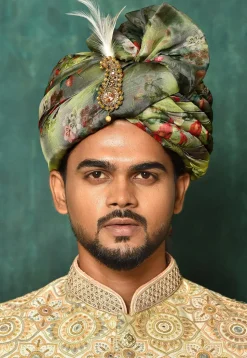 Digital Printed Organza Turban in Green and Multicolor