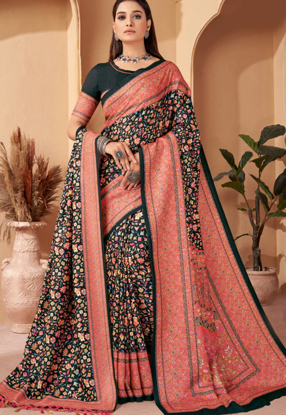 Digital Printed Pashmina Silk Saree in Black
