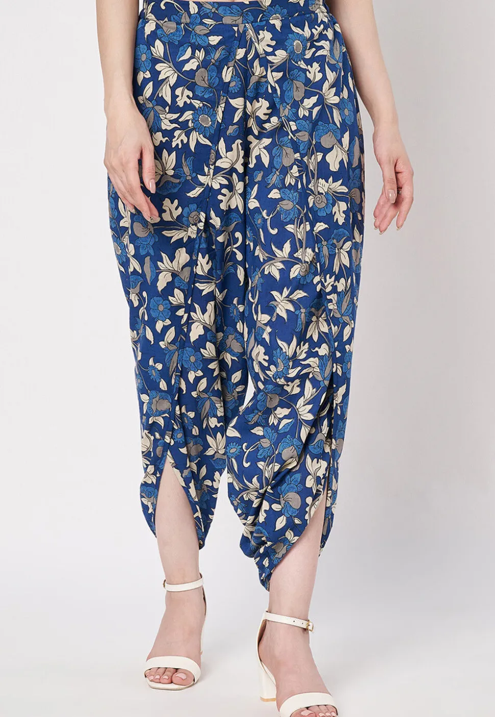 Digital Printed Poly Cotton Tulip Pant in Blue
