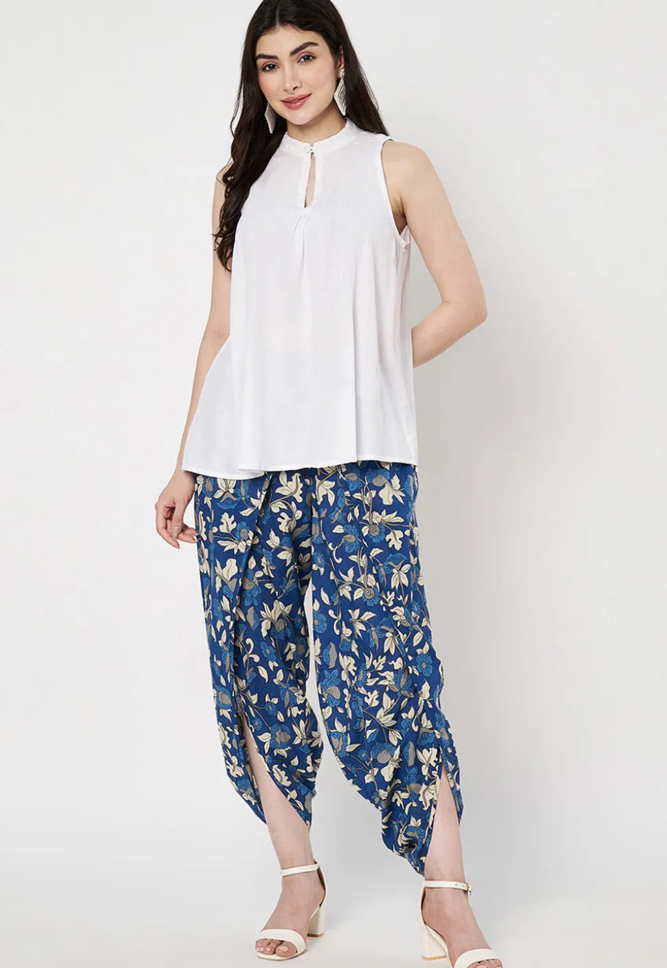Digital Printed Poly Cotton Tulip Pant in Blue