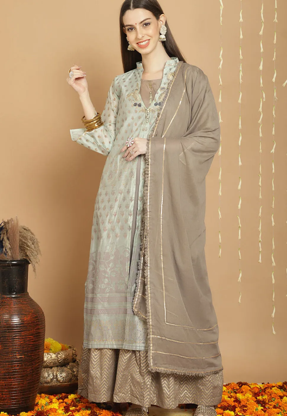 Digital Printed Poly Cotton Lehenga in Grey