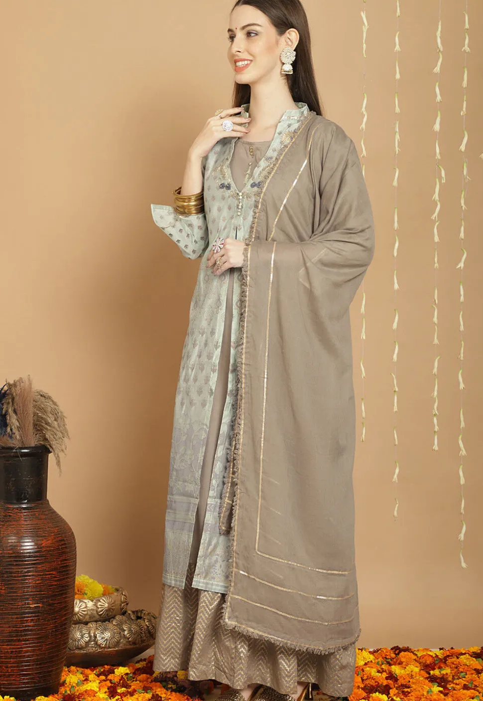 Digital Printed Poly Cotton Lehenga in Grey