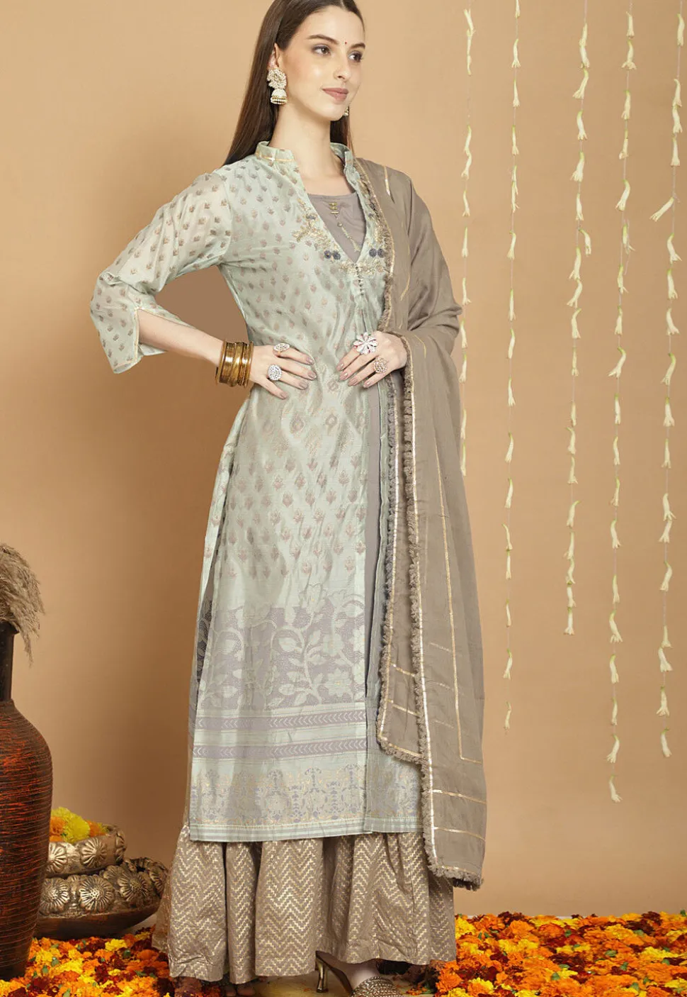 Digital Printed Poly Cotton Lehenga in Grey
