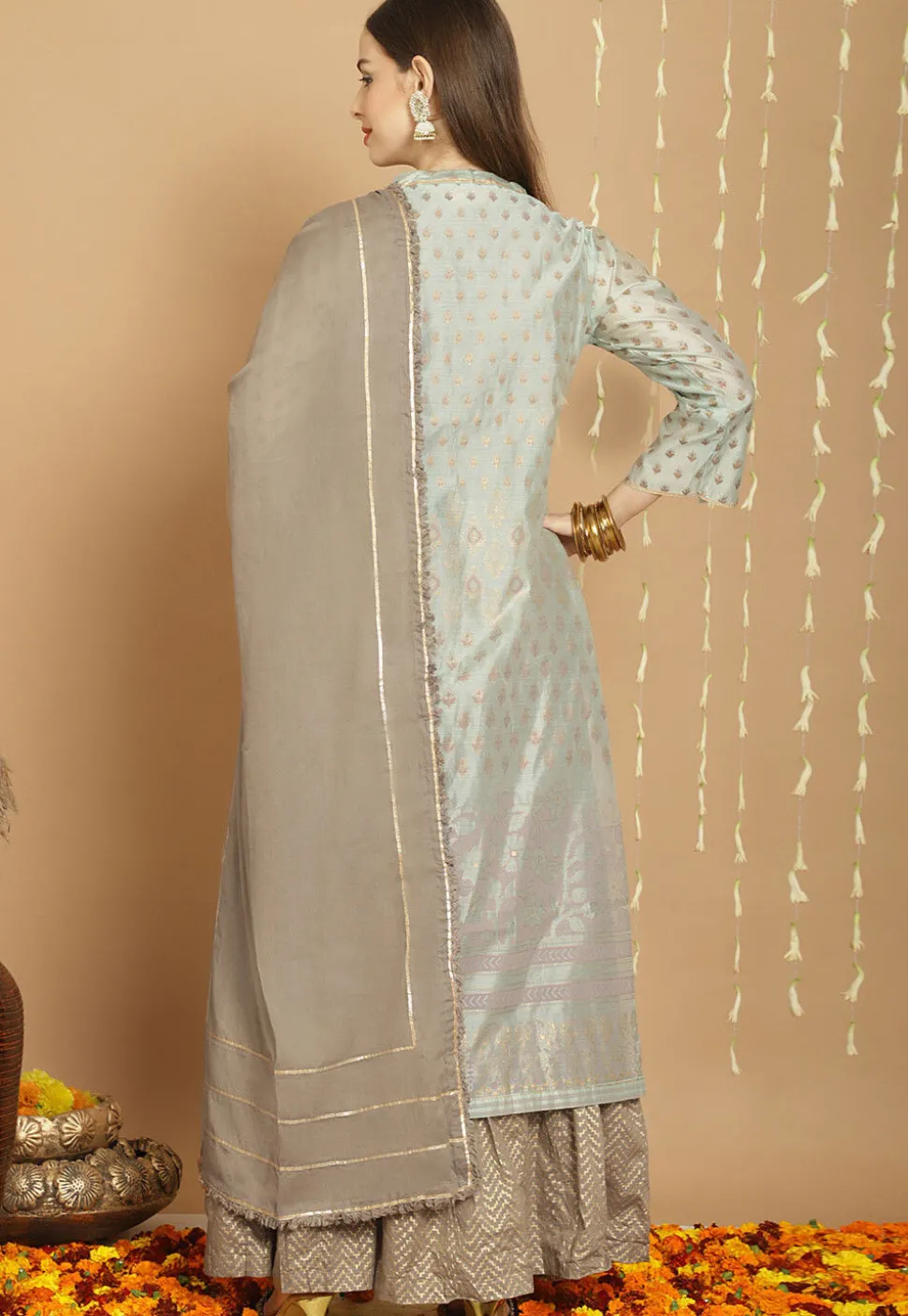Digital Printed Poly Cotton Lehenga in Grey
