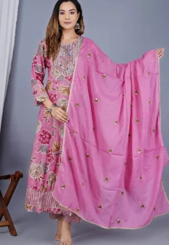 Digital Printed Poly Cotton Anarkali Suit in Pink