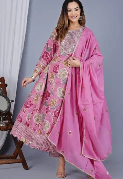 Digital Printed Poly Cotton Anarkali Suit in Pink