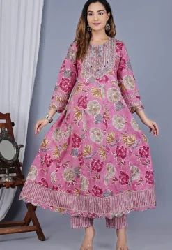 Digital Printed Poly Cotton Anarkali Suit in Pink