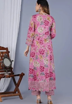 Digital Printed Poly Cotton Anarkali Suit in Pink