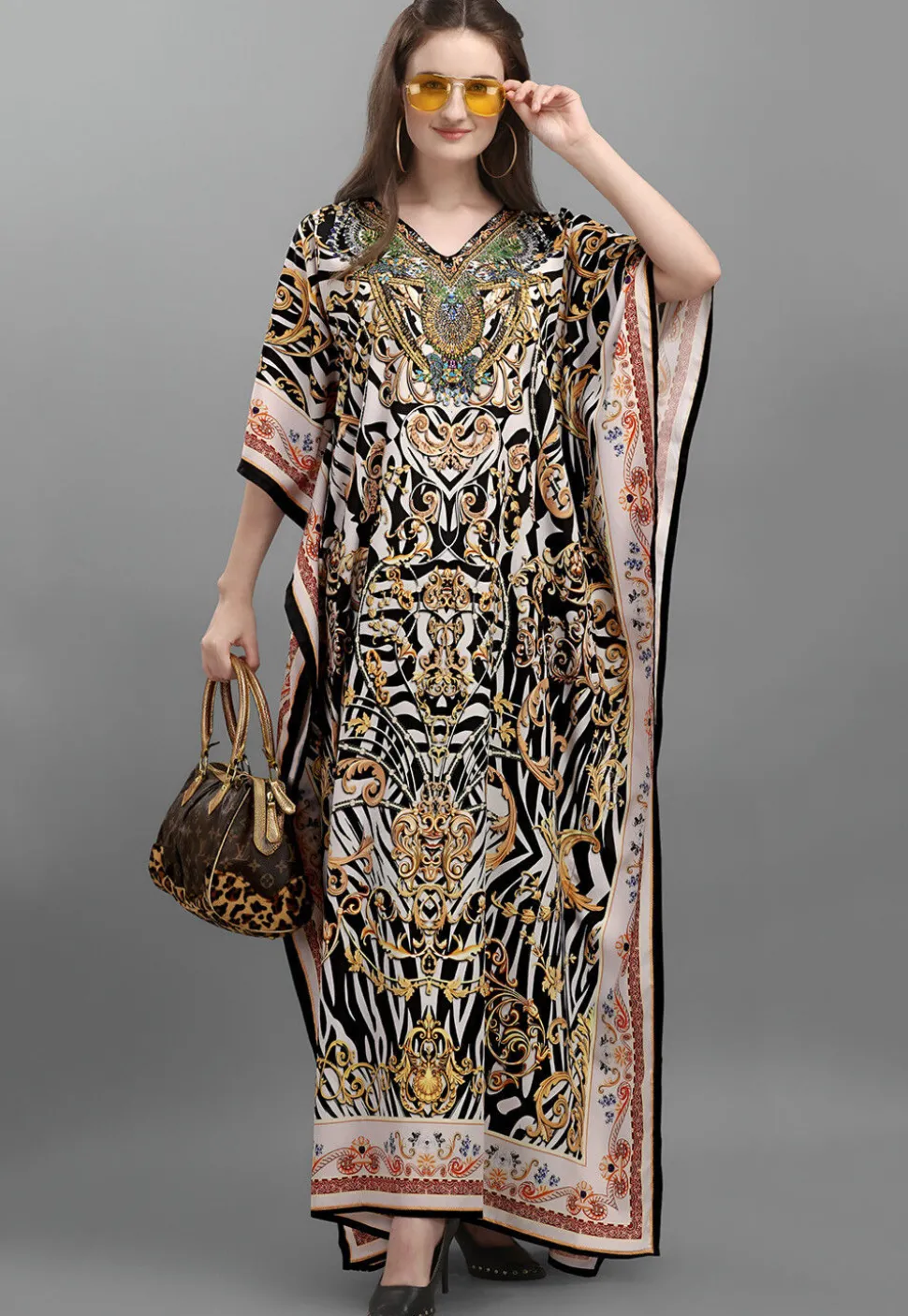Digital Printed Polyester Kaftan in Black and White