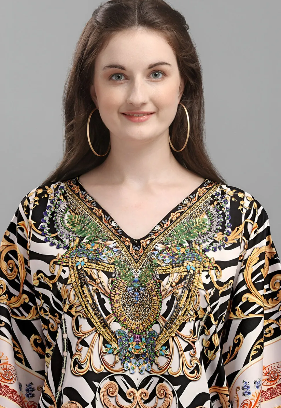 Digital Printed Polyester Kaftan in Black and White