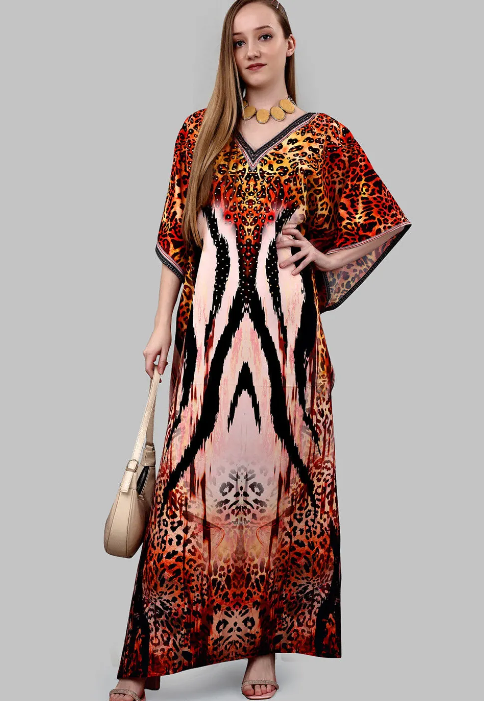 Digital Printed Polyester Kaftan in Multicolor