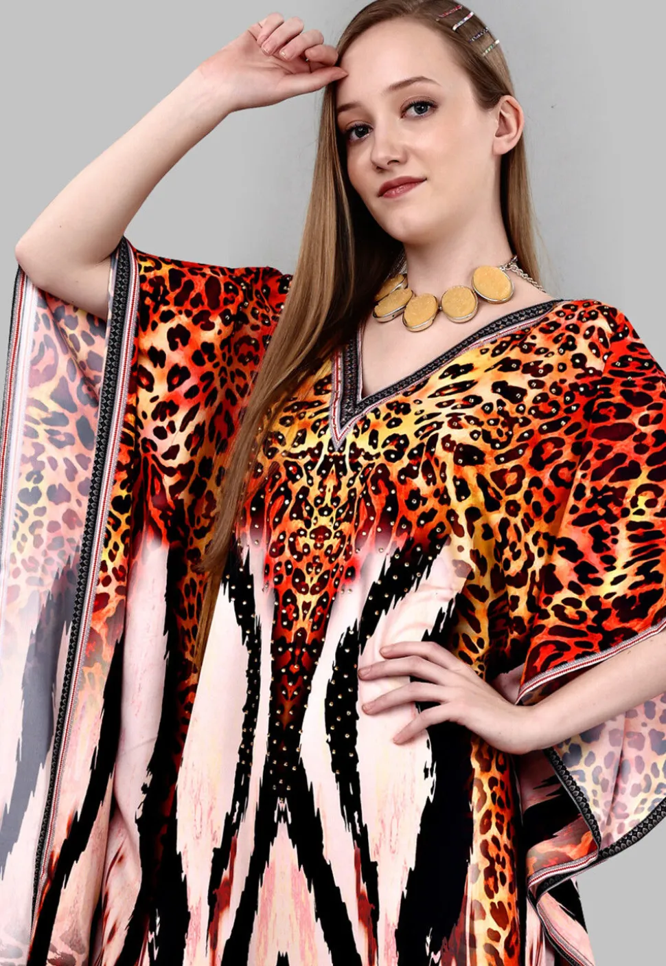 Digital Printed Polyester Kaftan in Multicolor