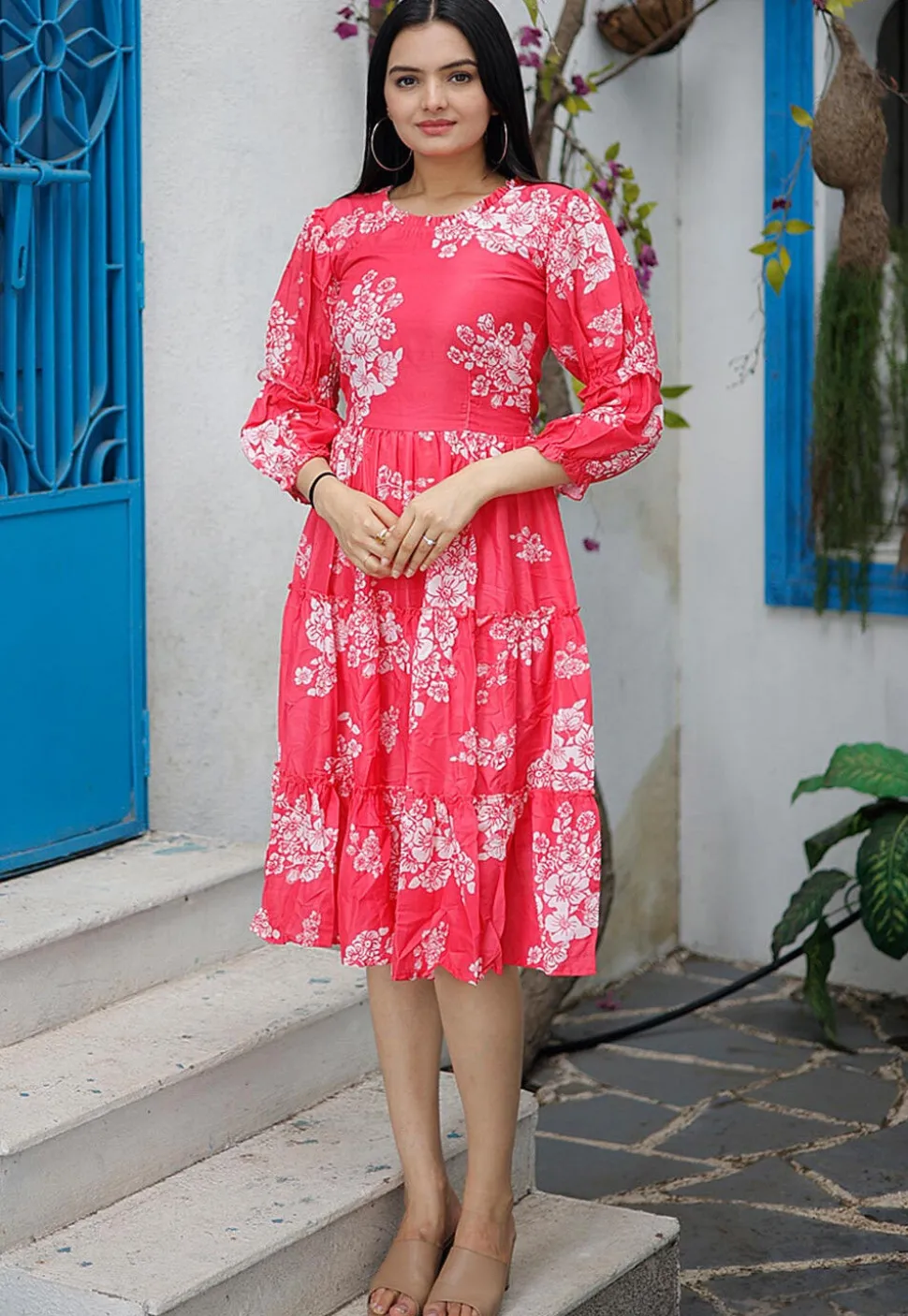 Digital Printed Polyester Aline Dress in Red