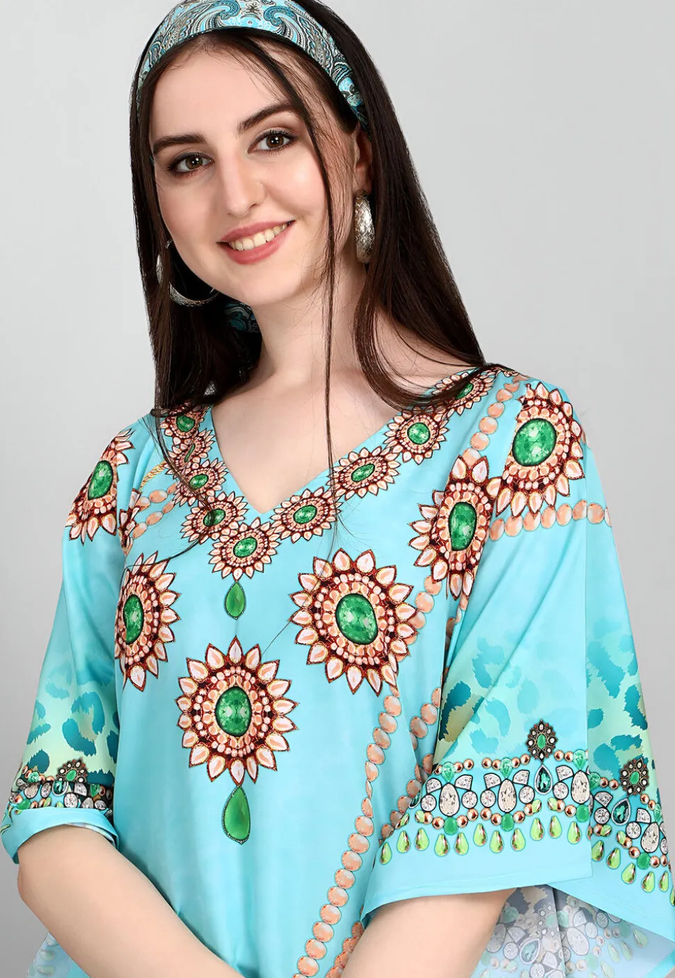 Digital Printed Polyester Kaftan in Light Blue