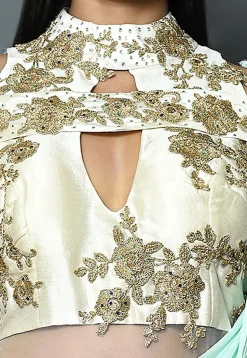 Digital Printed Polyester Gown with Attached Dupatta in Sky Blue