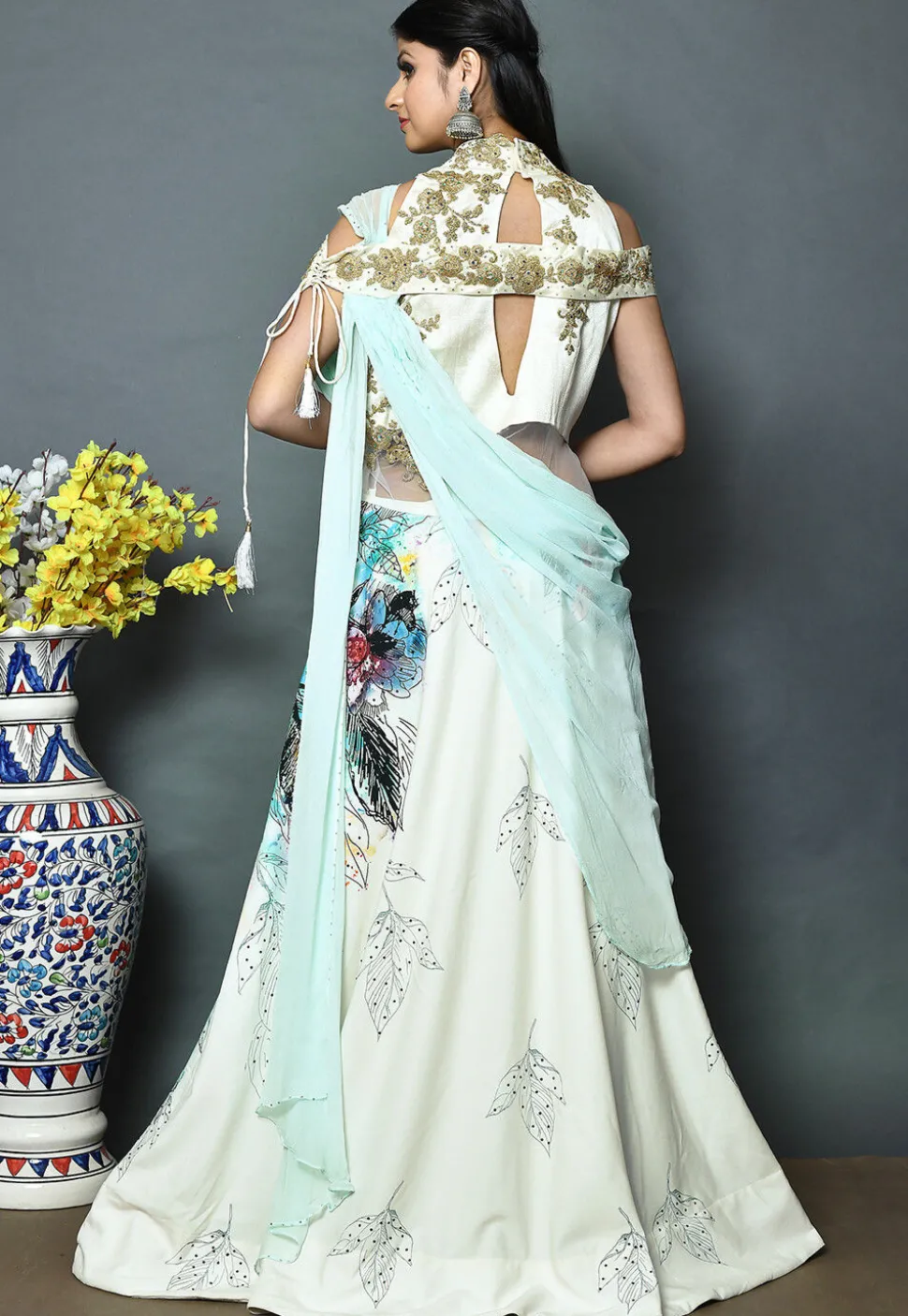Digital Printed Polyester Gown with Attached Dupatta in Sky Blue