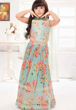 Digital Printed Polyester Lehenga in Sea Green