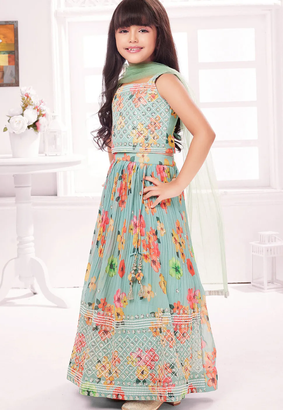 Digital Printed Polyester Lehenga in Sea Green