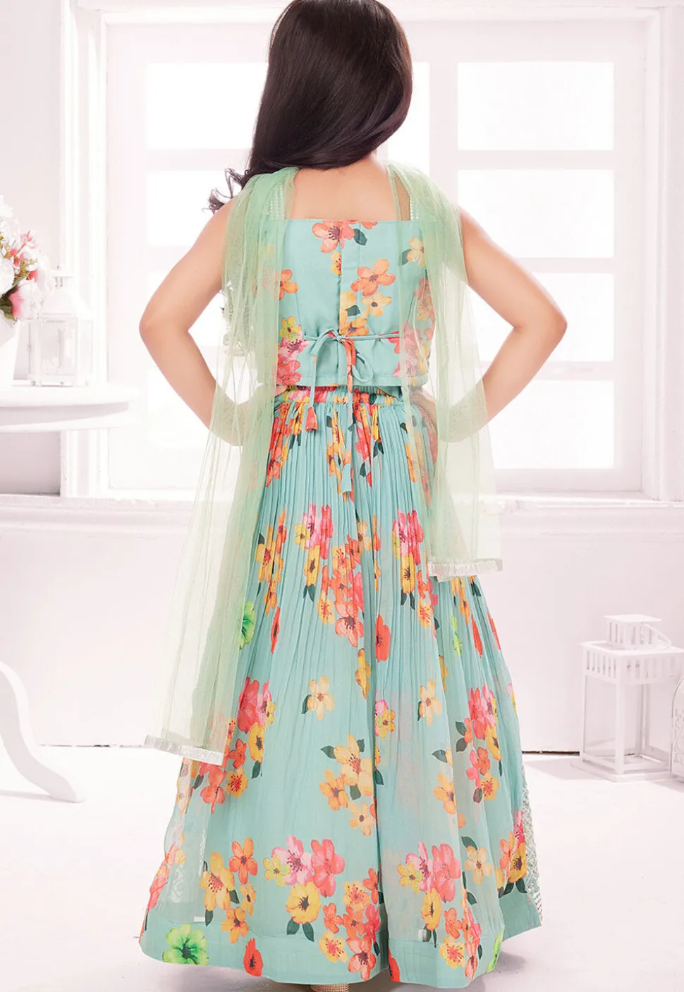 Digital Printed Polyester Lehenga in Sea Green