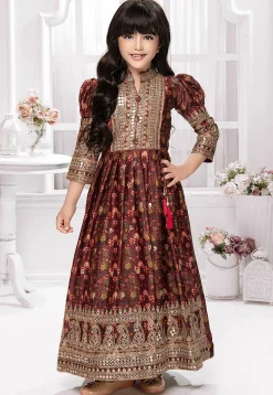 Digital Printed Polyester Gown in Maroon