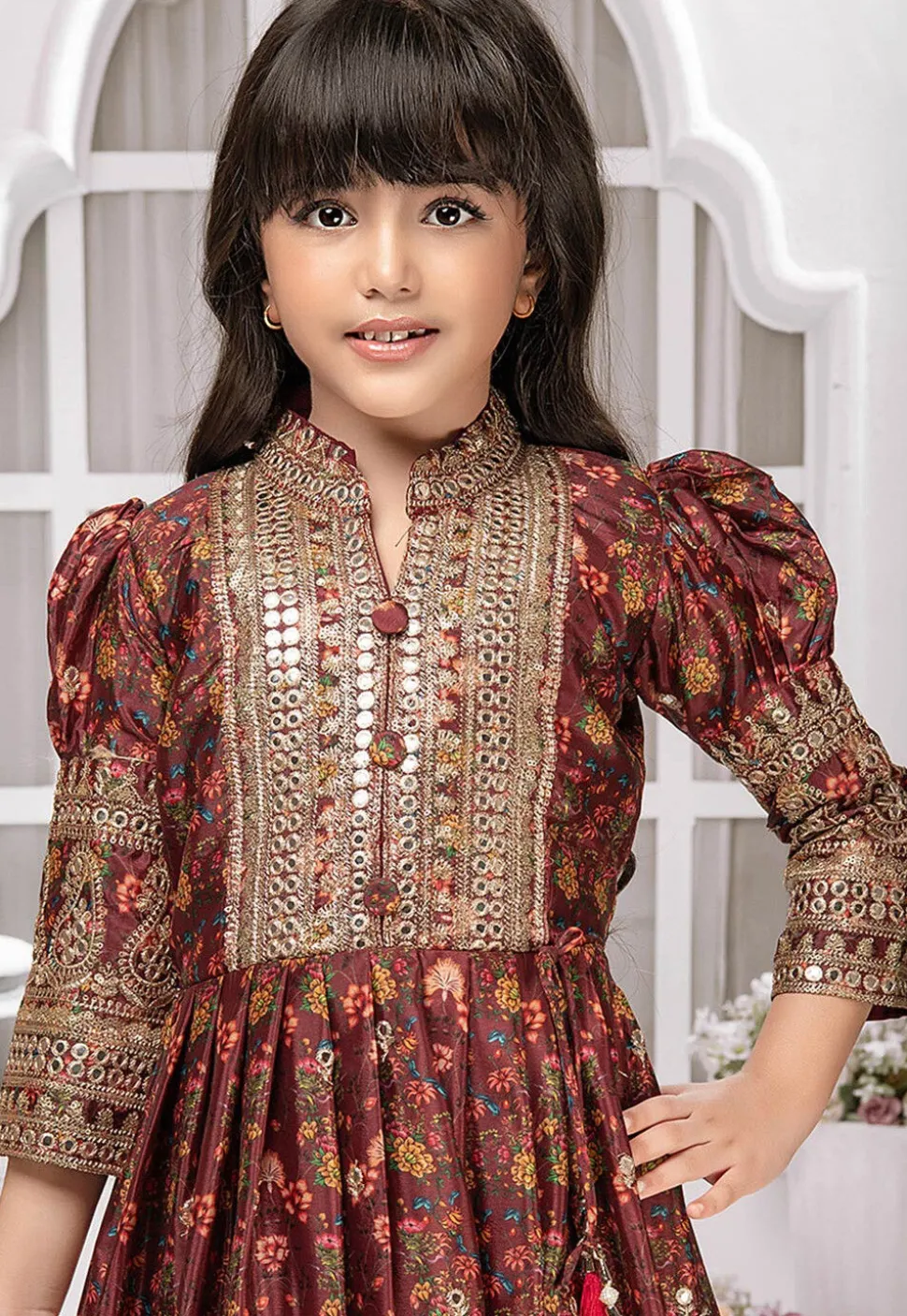 Digital Printed Polyester Gown in Maroon