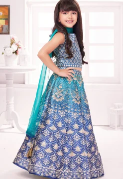 Digital Printed Polyester Lehenga in Blue