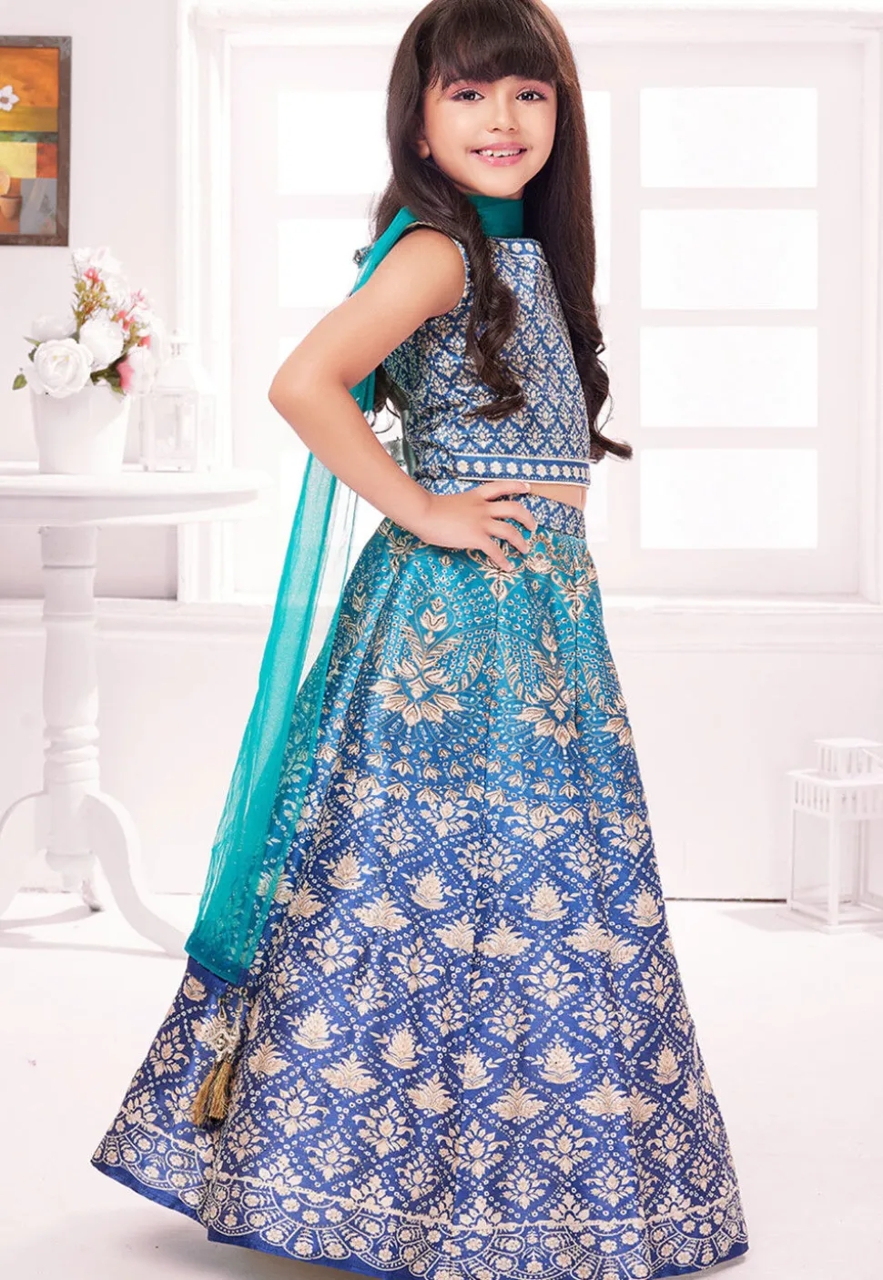 Digital Printed Polyester Lehenga in Blue