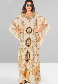 Digital Printed Polyester Kaftan in Off White