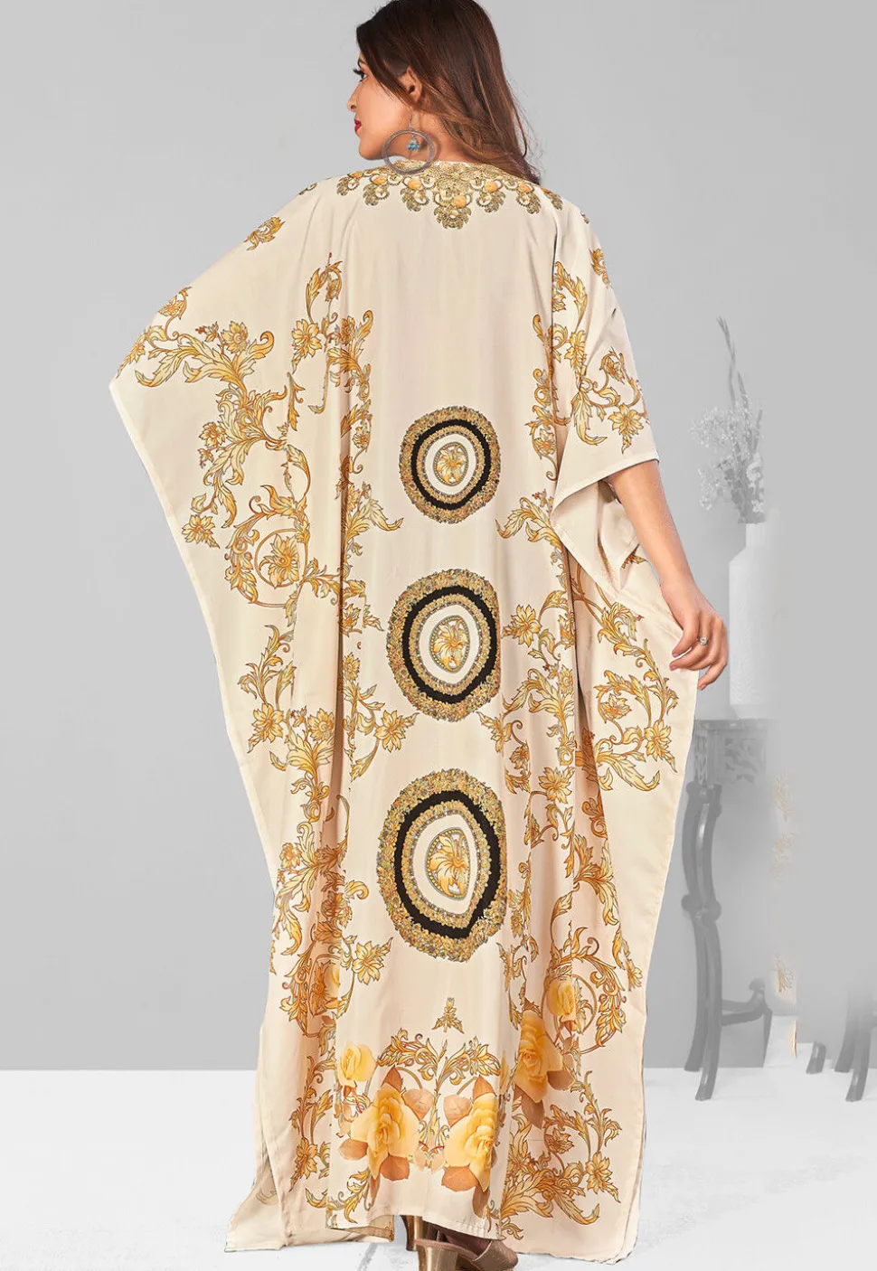 Digital Printed Polyester Kaftan in Off White