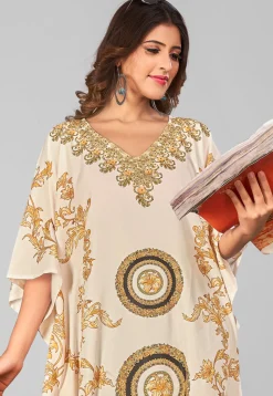 Digital Printed Polyester Kaftan in Off White