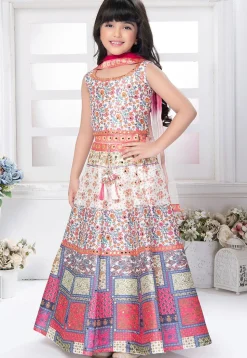 Digital Printed Polyester Lehenga in Off White and Multicolor
