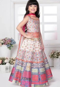 Digital Printed Polyester Lehenga in Off White and Multicolor