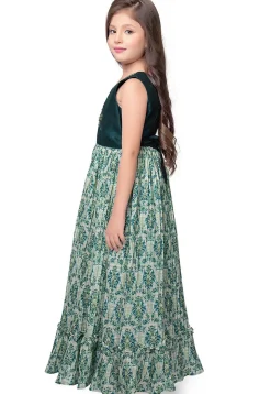 Digital Printed Polyester Gown in Teal Green