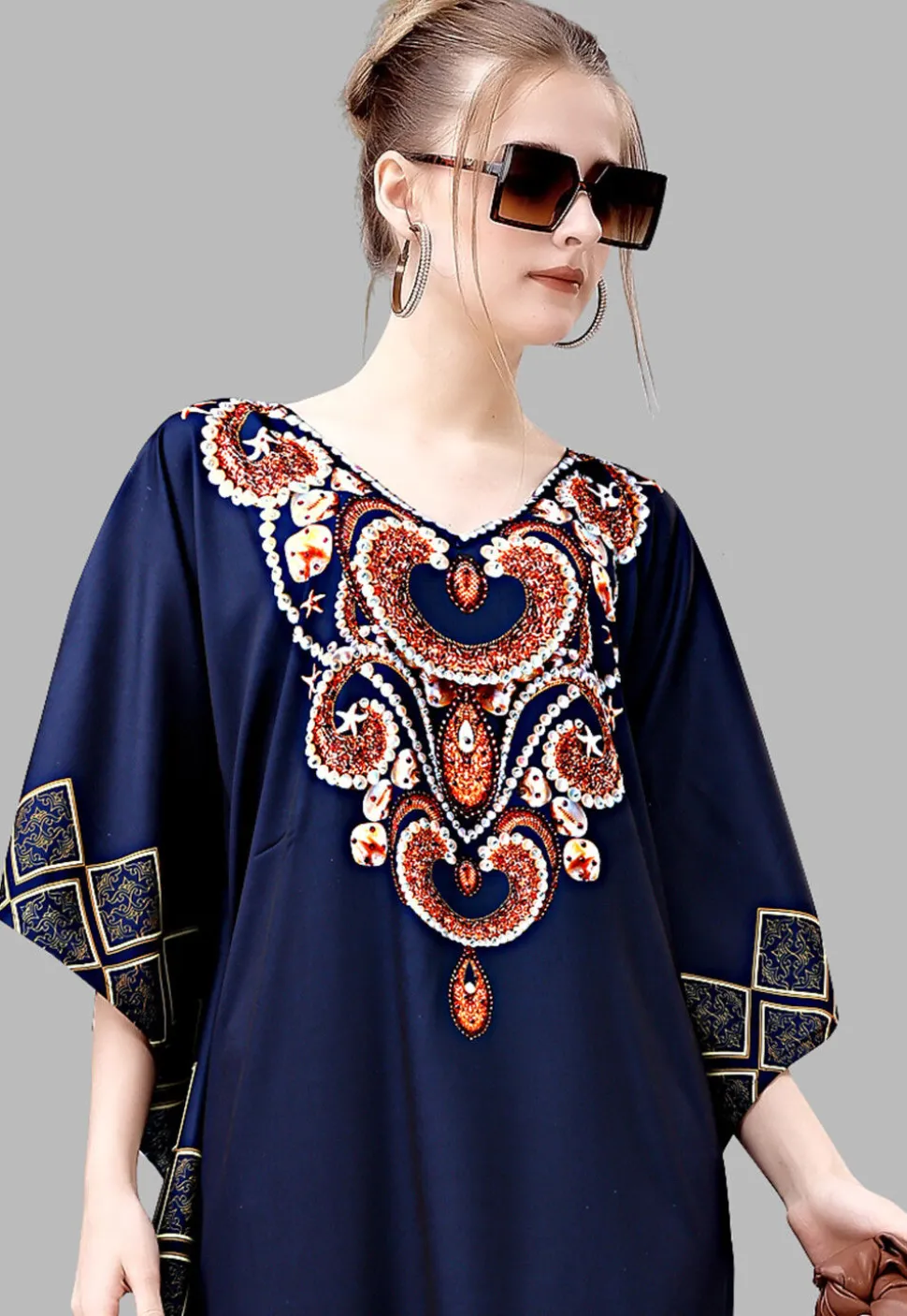 Digital Printed Polyester Kaftan in Blue