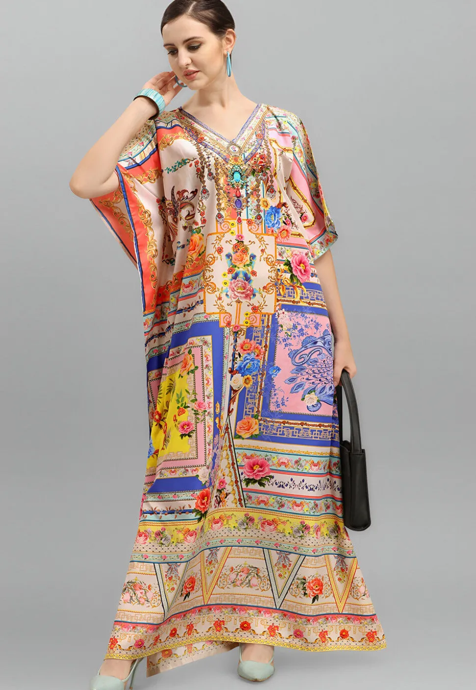 Digital Printed Polyester Kaftan in Multicolor